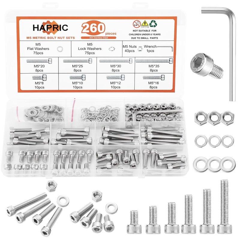 Hapric 260 Pcs M5 Screws Assortment Kit, M5 Bolts Kit M5x 8/10/12/16/20/25/30/35mm, 304 Stainless Steel Hex Socket Head Screws Nuts Bolts and Washers Set - Image 1